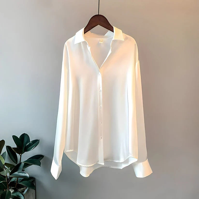 Women’s Silk Satin Blouse - Long Sleeve Button Down Shirt - Oversized Tailored Elegant Workwear
