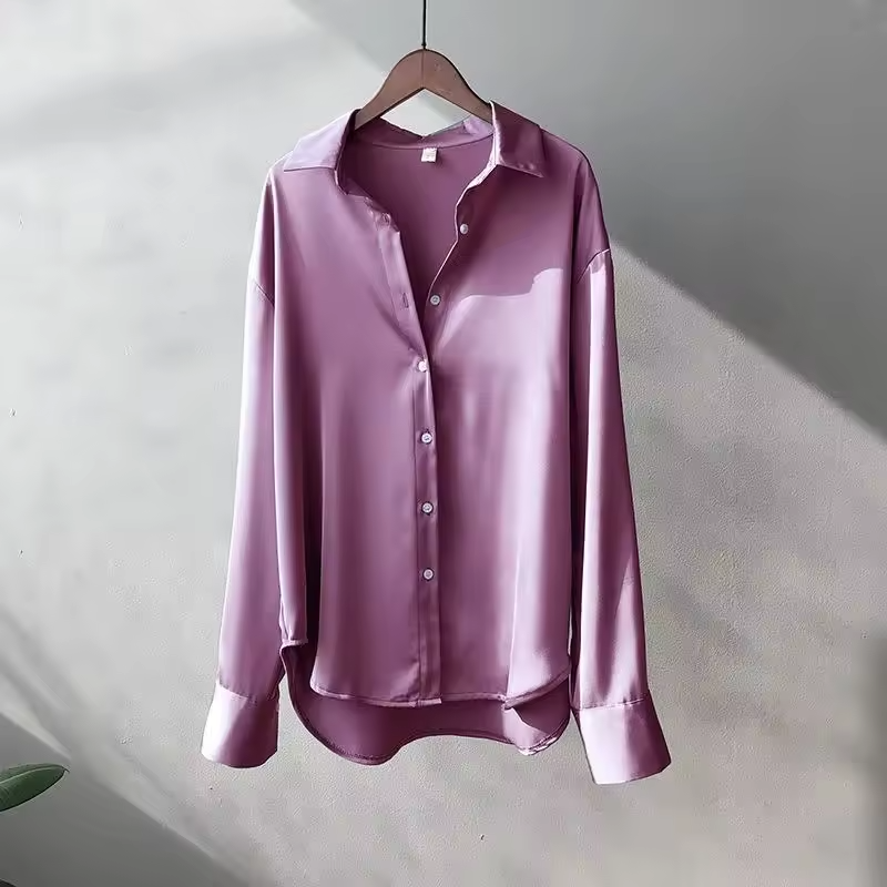 Women’s Silk Satin Blouse - Long Sleeve Button Down Shirt - Oversized Tailored Elegant Workwear
