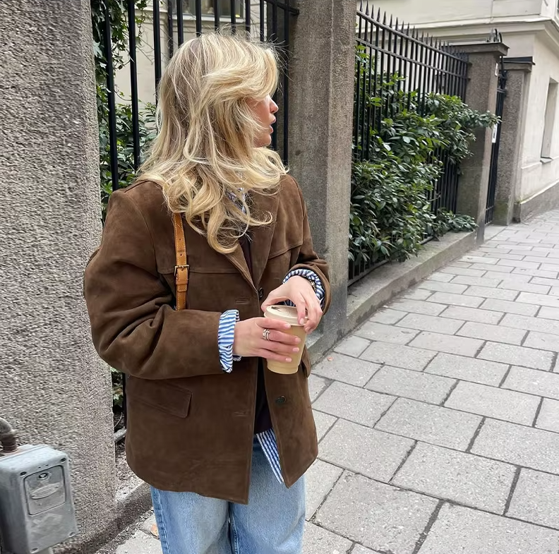 Women’s Oversized Suede-Look Jacket with Notched Collar & Button Front