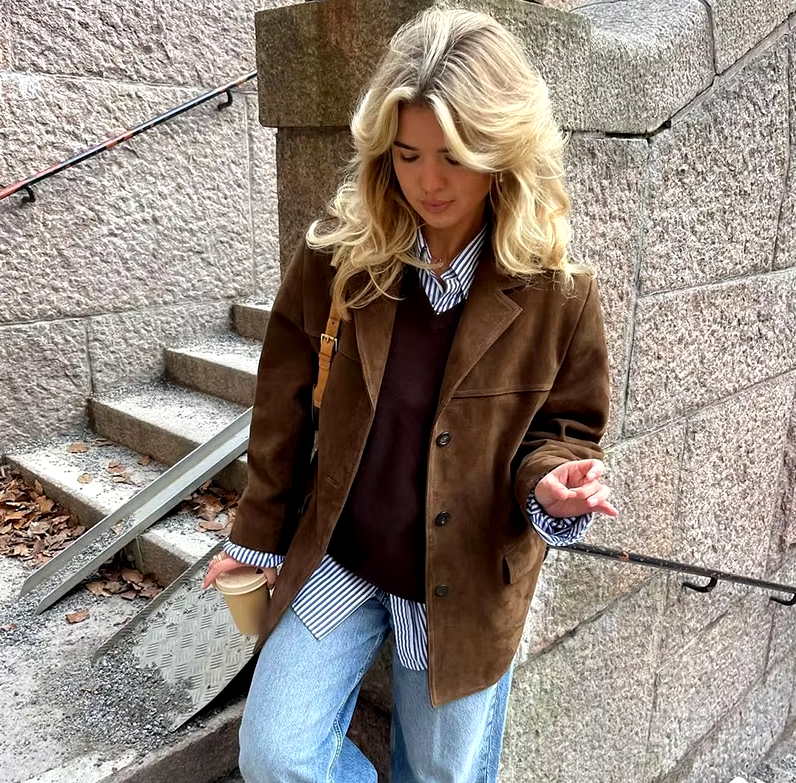 Women’s Oversized Suede-Look Jacket with Notched Collar & Button Front