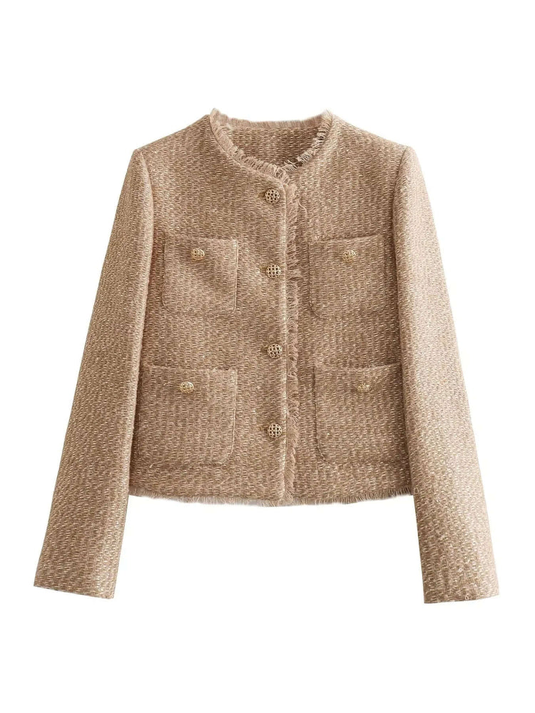 Women’s Cropped Tweed Jacket with Gold-Button Detail – Timeless Tailored Style