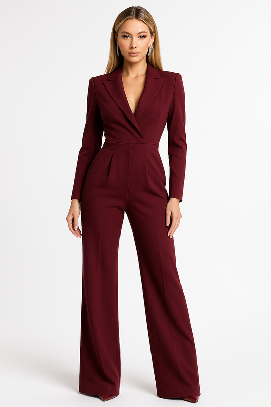 Women's Blazer Jumpsuit | V-Neck Wide-Leg Formal Trousers | Elegant Power Suit Tuxedo Jumpsuit