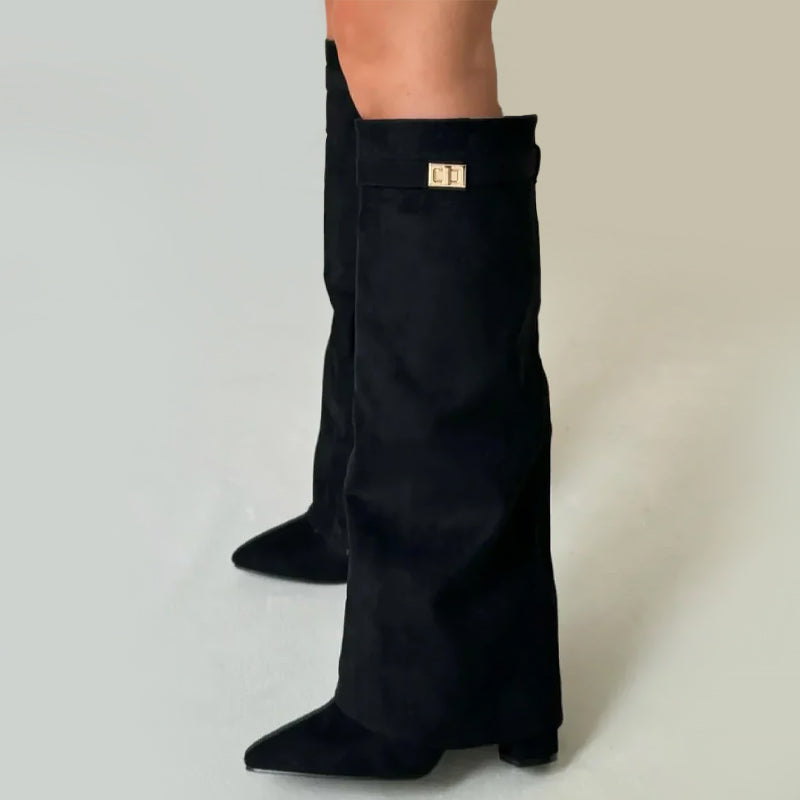 Women’s Knee-High Suede Boots with Fold-Over Cuff – Elegant Pointed Toe Winter Boots