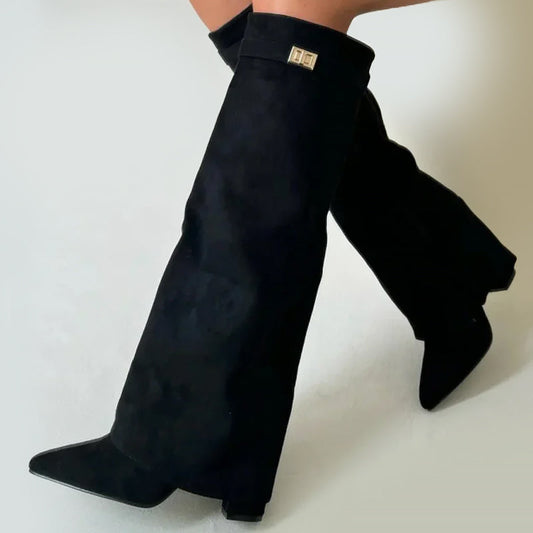 Women’s Knee-High Suede Boots with Fold-Over Cuff – Elegant Pointed Toe Winter Boots