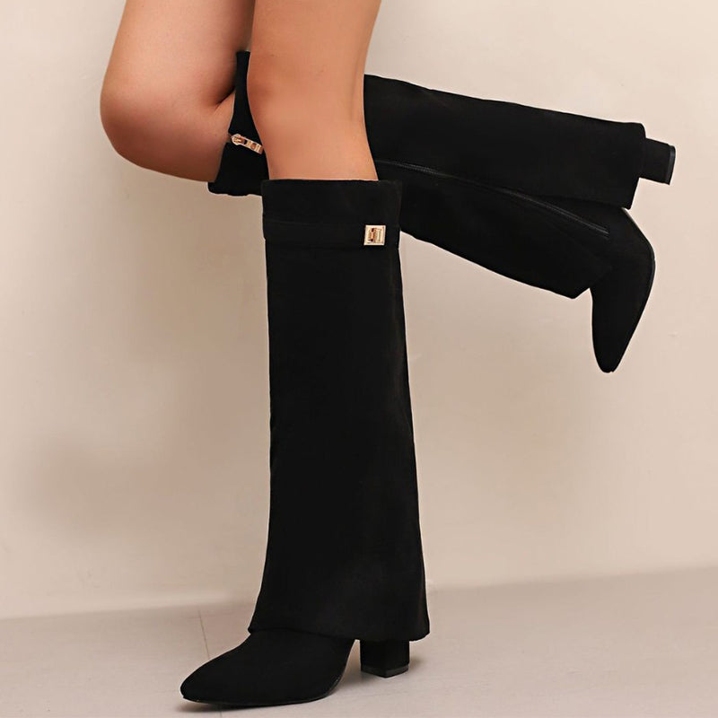 Women’s Knee-High Suede Boots with Fold-Over Cuff – Elegant Pointed Toe Winter Boots