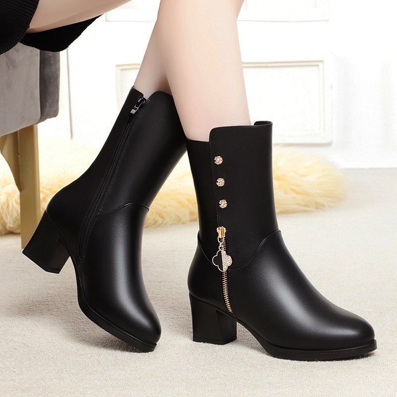 Women’s Warm Fur-Lined Mid-Calf Boots – Faux Leather Winter Block Heel