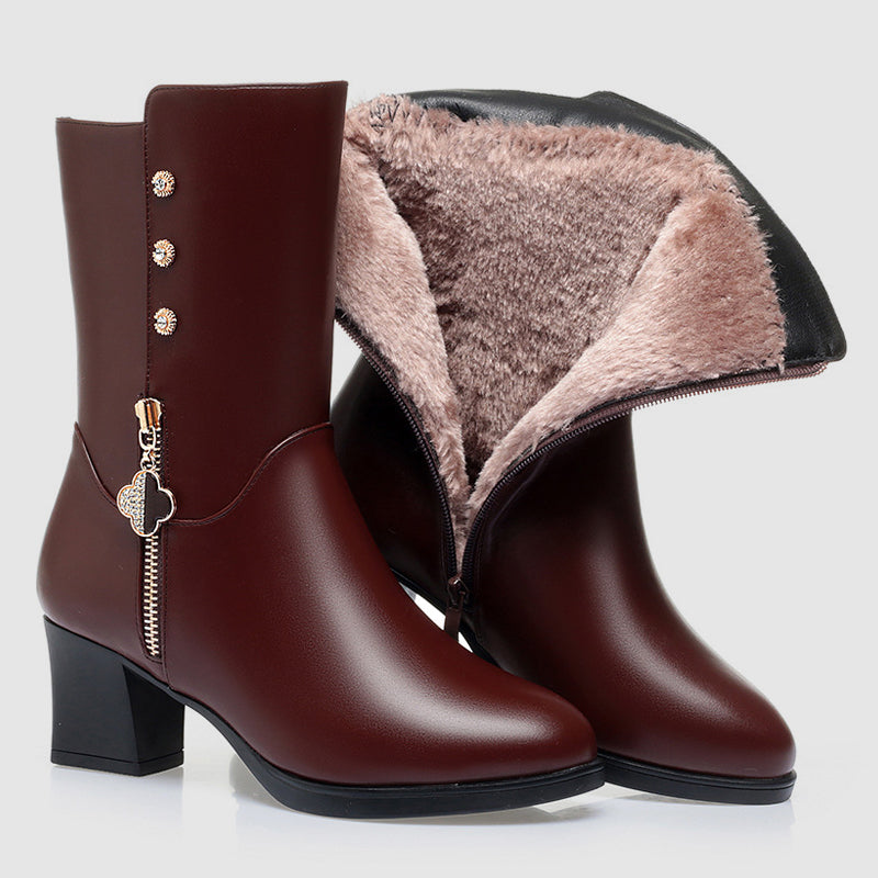 Women’s Warm Fur-Lined Mid-Calf Boots – Faux Leather Winter Block Heel