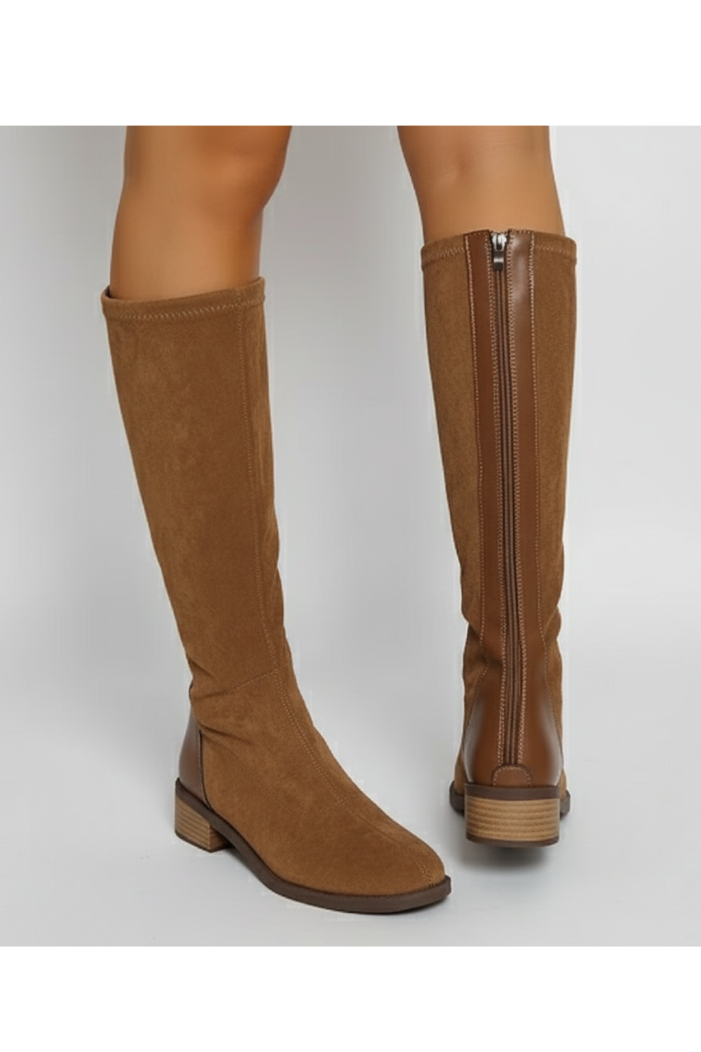 Women’s Knee-High Faux Suede Boots Camel, Low Block Heel, Side Zip