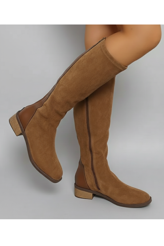 Women’s Knee-High Faux Suede Boots Camel, Low Block Heel, Side Zip