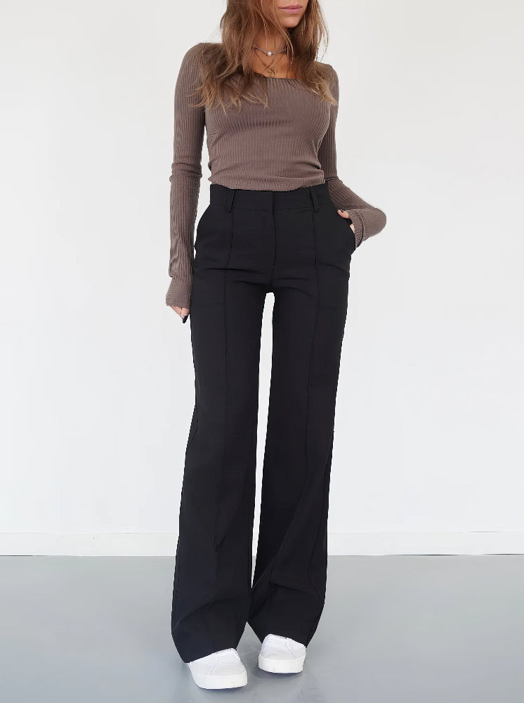 Women’s Straight Leg High Waisted Trousers - Tailored Centre Crease Smart Trousers - Spring Transition Workwear & Office Wear
