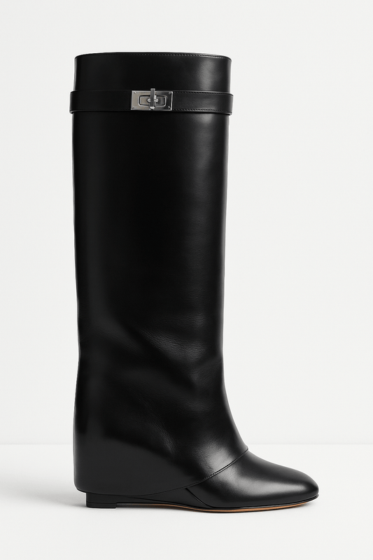 Women’s Knee-High Faux Leather Boots Sleek Minimal Design with Shark-Lock Detail