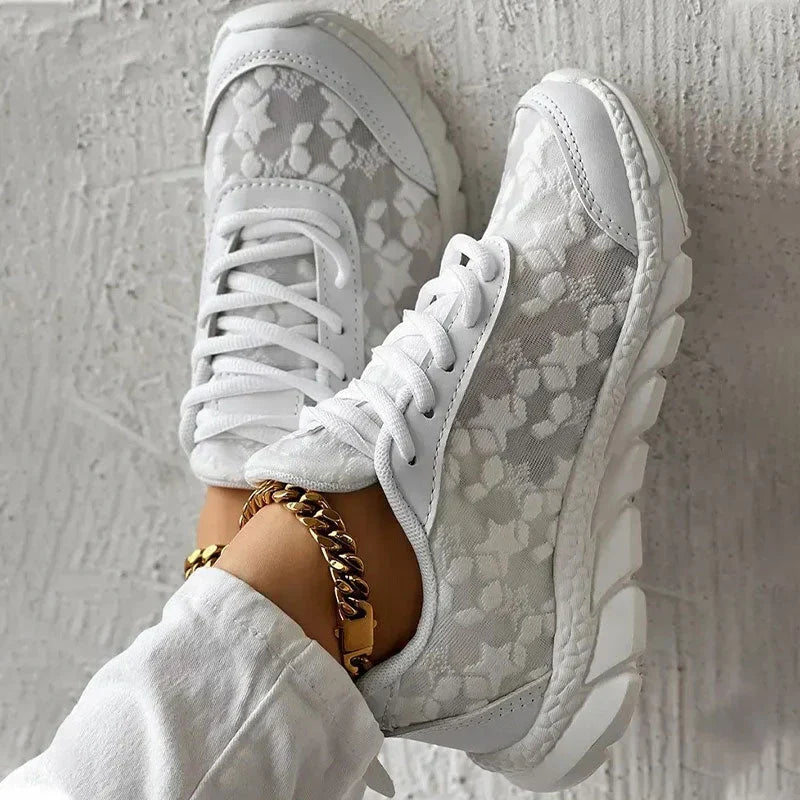 Women’s White Star-Pattern Mesh Sneakers | Lightweight Breathable Walking Shoes | Casual Slip-On Trainers with Chunky Sole