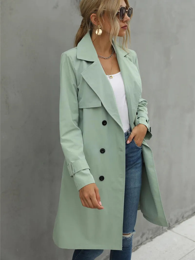 Women’s Belted Double-Breasted Trench Coat – Classic Mid-Length Outerwear