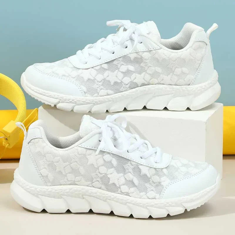Women’s White Star-Pattern Mesh Sneakers | Lightweight Breathable Walking Shoes | Casual Slip-On Trainers with Chunky Sole