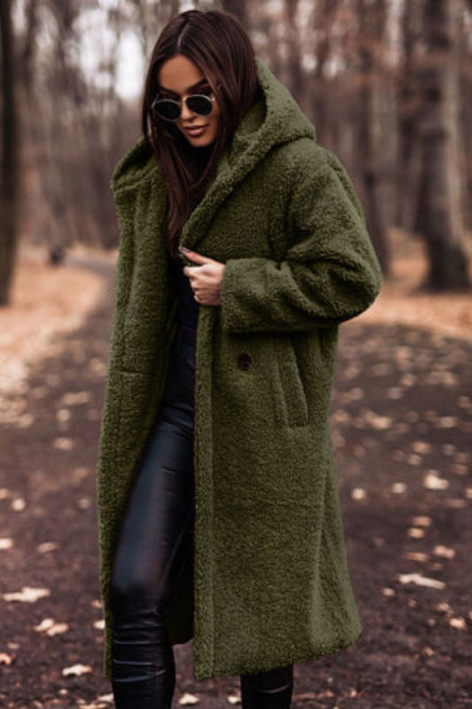 Women’s Long Teddy Hooded Winter Coat – Plush Sherpa Warm Jacket