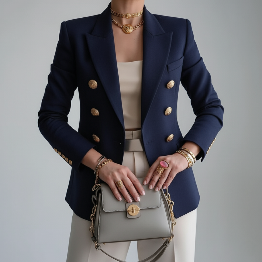 Women’s Double-Breasted Tailored Blazer with Gold-Tone Buttons