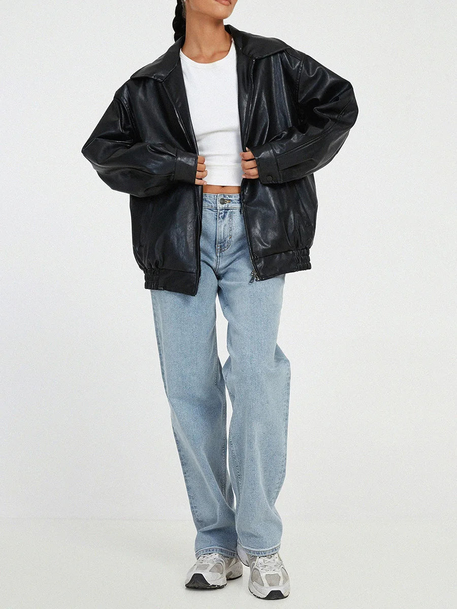 Women’s Oversized Faux Leather Bomber Jacket