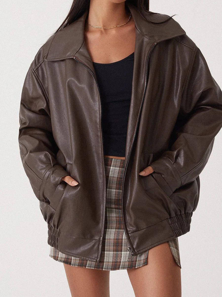Women’s Oversized Faux Leather Bomber Jacket