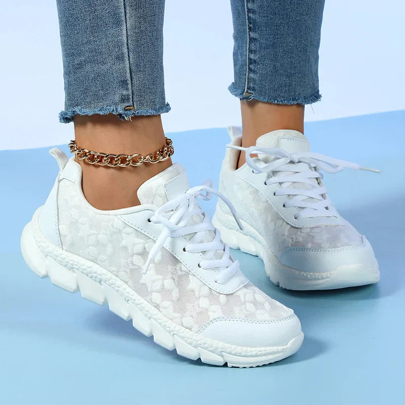 Women’s White Star-Pattern Mesh Sneakers | Lightweight Breathable Walking Shoes | Casual Slip-On Trainers with Chunky Sole