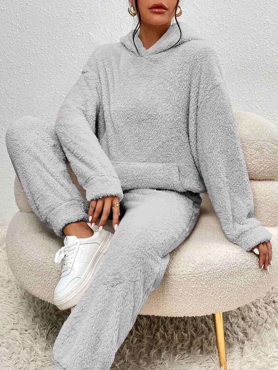 Women's Ultra-Soft Loungewear Set | Fuzzy Fleece Hoodie & Straight Leg Pants | Plush Teddy Two-Piece Sweatsuit | Cozy Relaxed Fit