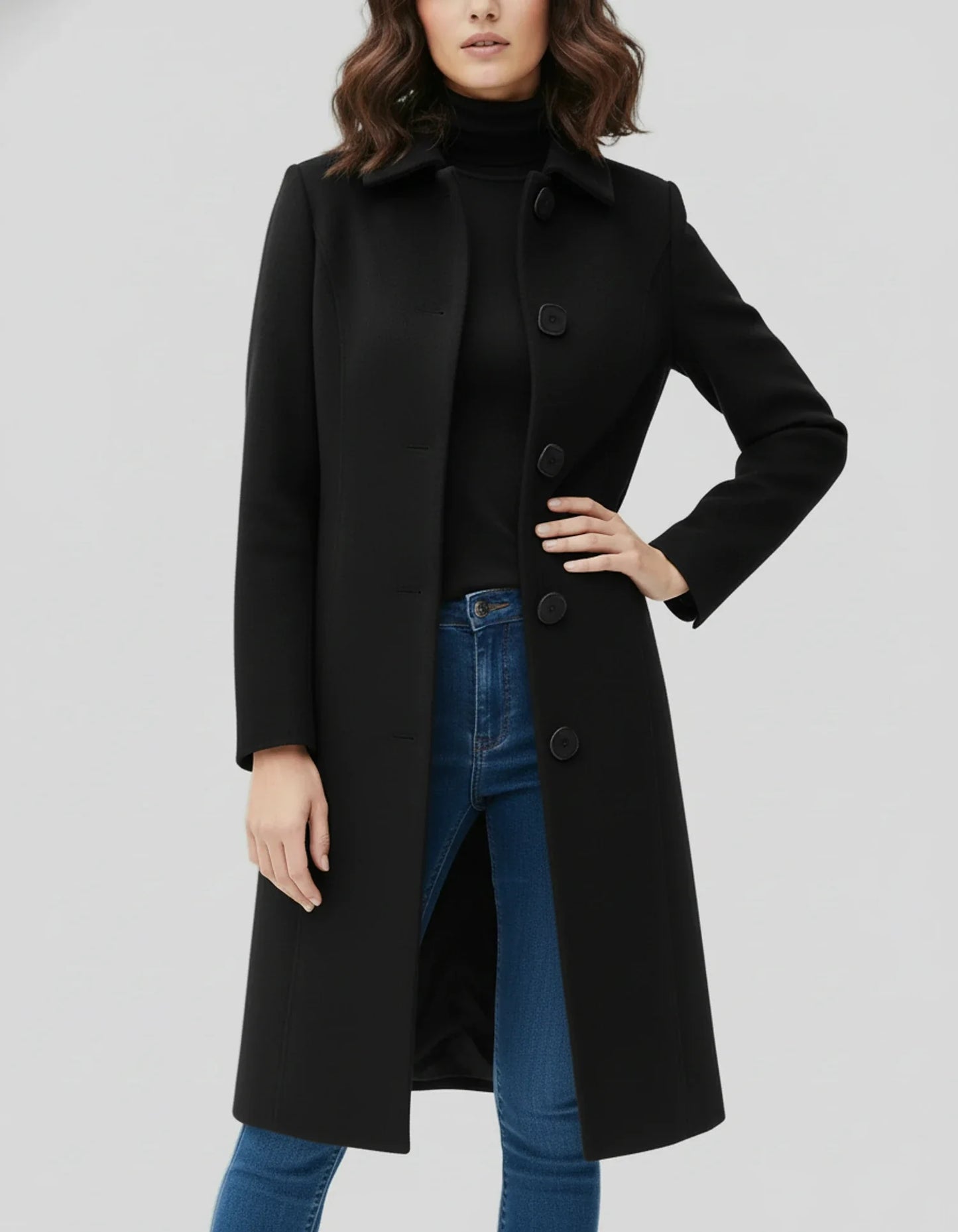 Women’s Tailored Longline Coat – Elegant Button-Up Winter Jacket