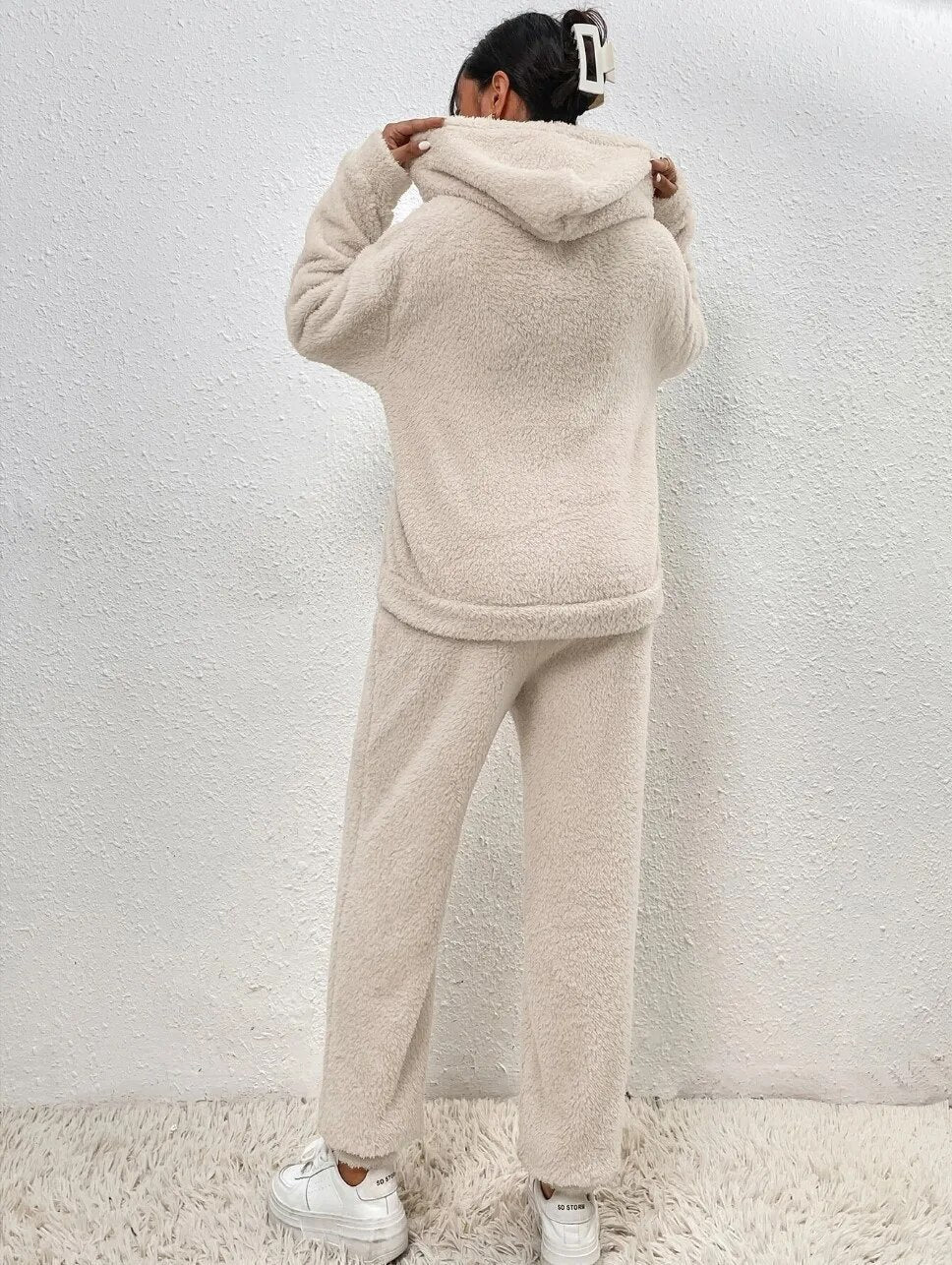Women's Ultra-Soft Loungewear Set | Fuzzy Fleece Hoodie & Straight Leg Pants | Plush Teddy Two-Piece Sweatsuit | Cozy Relaxed Fit