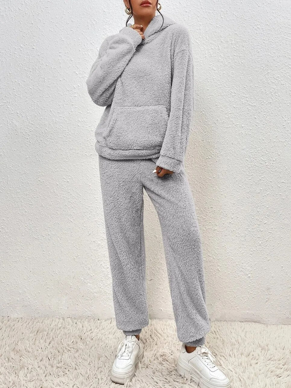 Women's Ultra-Soft Loungewear Set | Fuzzy Fleece Hoodie & Straight Leg Pants | Plush Teddy Two-Piece Sweatsuit | Cozy Relaxed Fit
