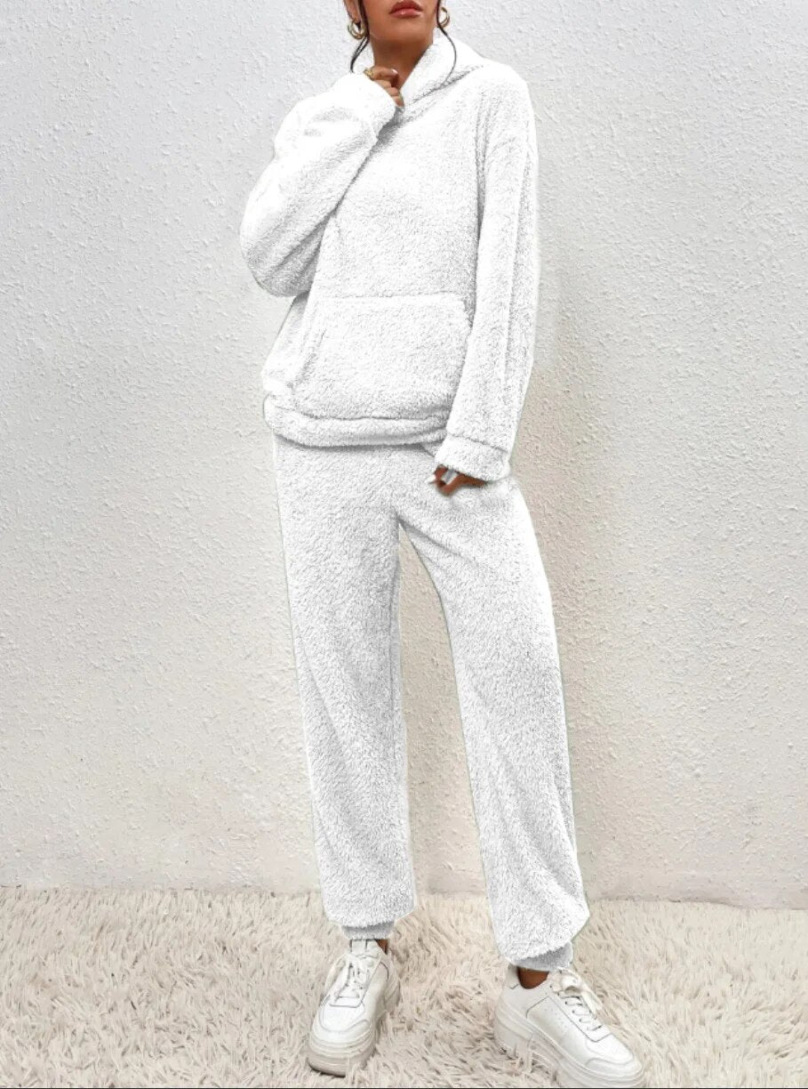 Women's Ultra-Soft Loungewear Set | Fuzzy Fleece Hoodie & Straight Leg Pants | Plush Teddy Two-Piece Sweatsuit | Cozy Relaxed Fit