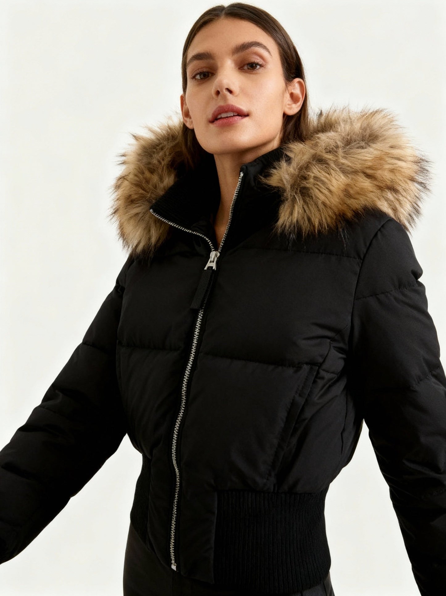 Women’s Oversized Padded Bomber Jacket with Faux Fur Hood – Warm Winter Coat