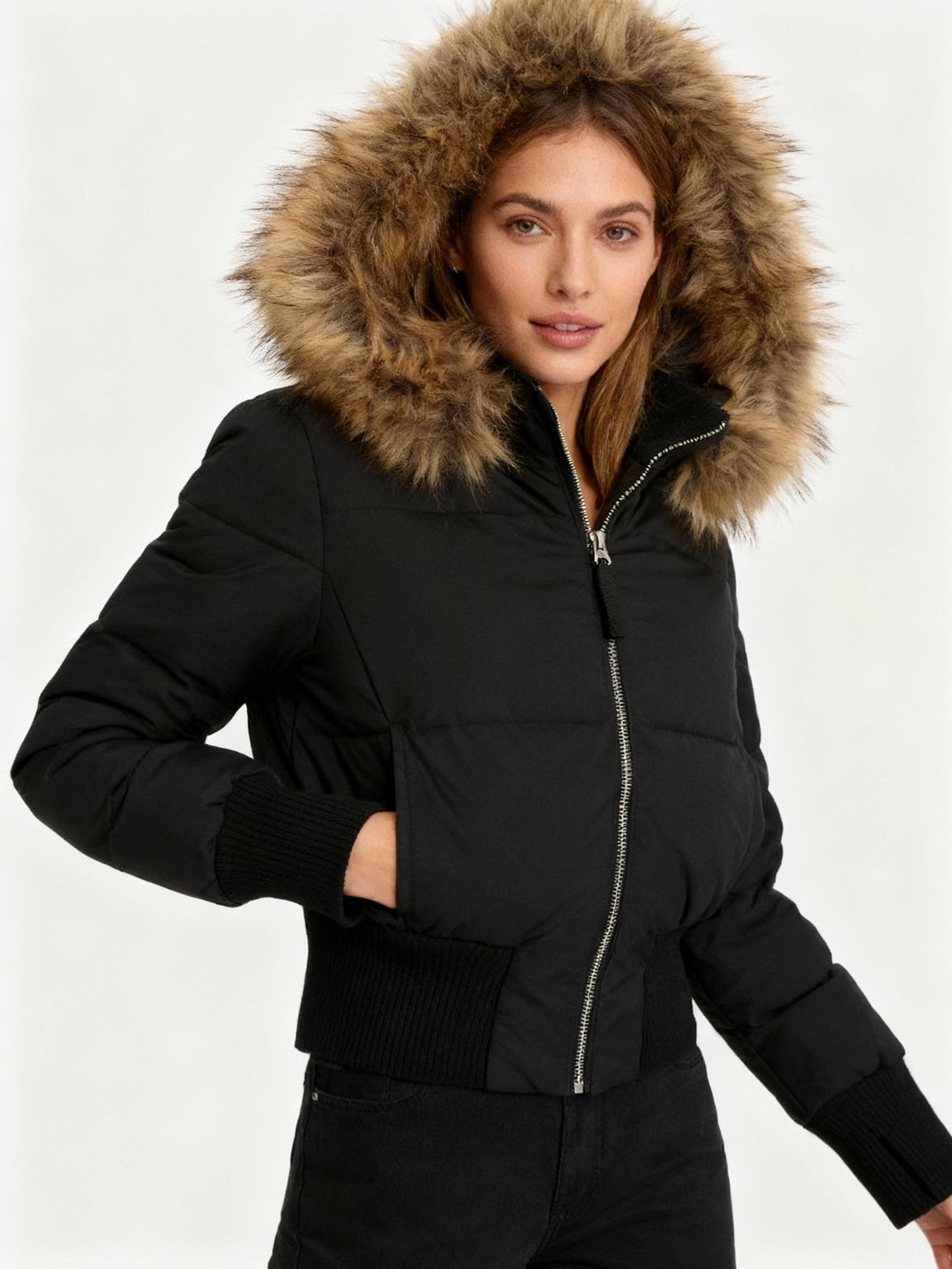 Women’s Oversized Padded Bomber Jacket with Faux Fur Hood – Warm Winter Coat