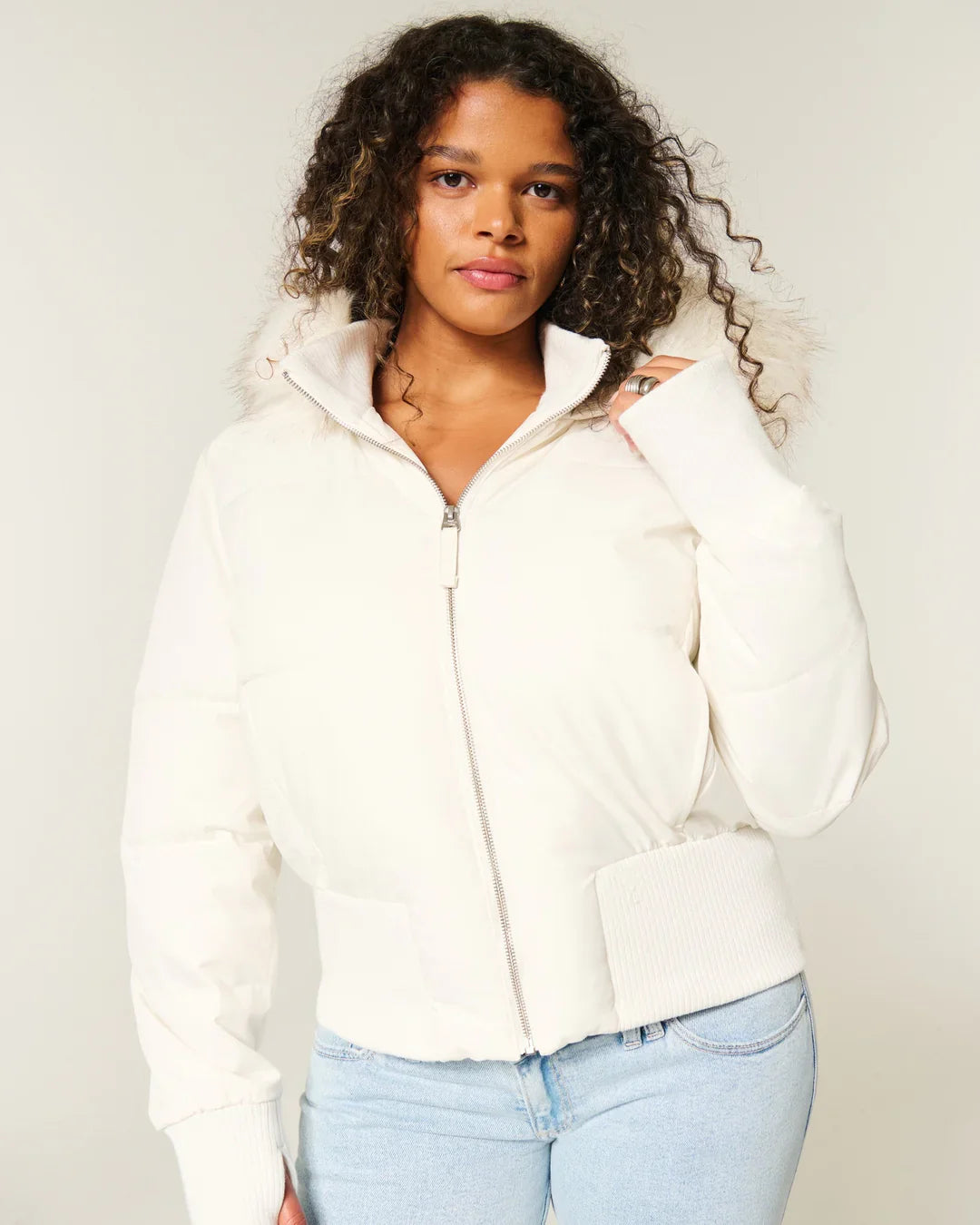 Women’s Oversized Padded Bomber Jacket with Faux Fur Hood – Warm Winter Coat