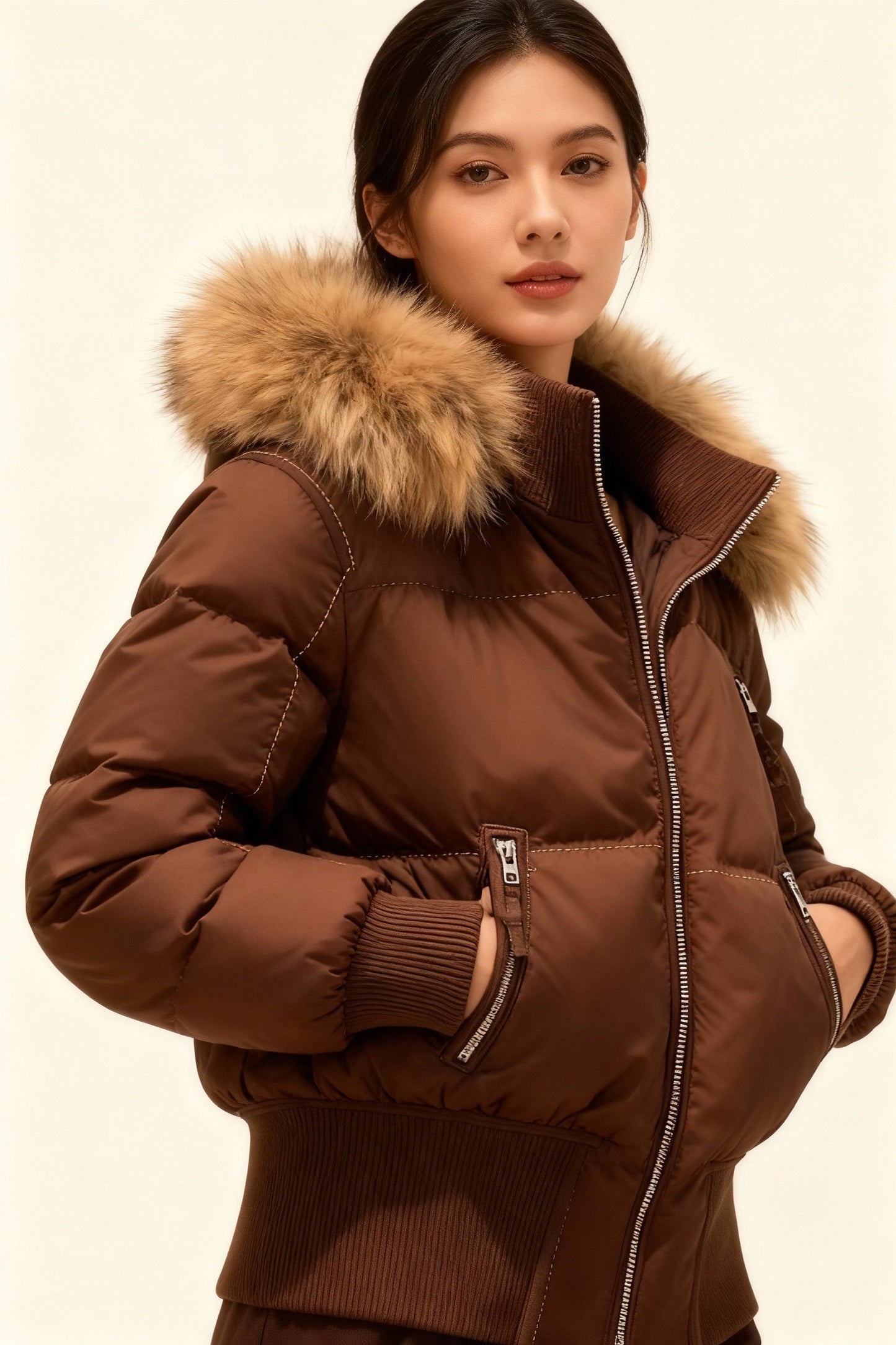 Women’s Oversized Padded Bomber Jacket with Faux Fur Hood – Warm Winter Coat